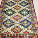 Hand Chain Stitched White Diamond Pattern Silk Kashmiri Rug