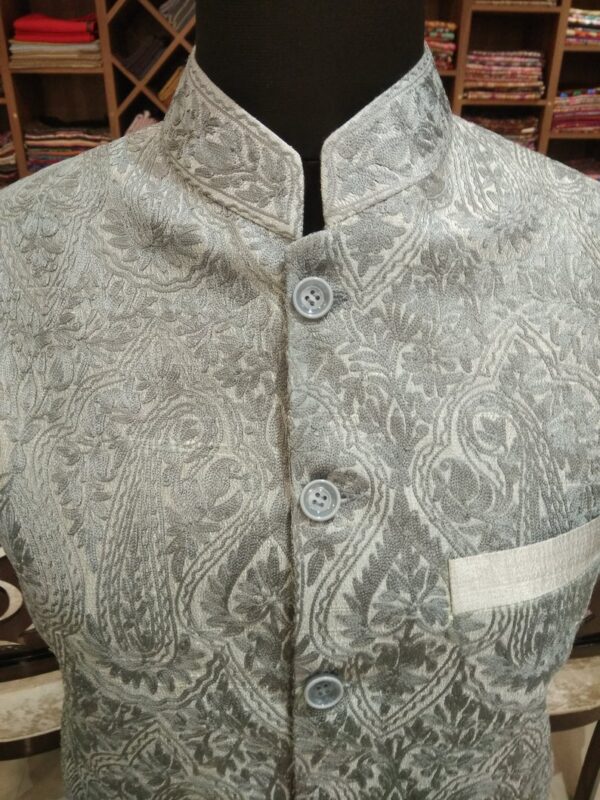 Grey Modi Jacket with Jamawar Paisley Embroidery close up