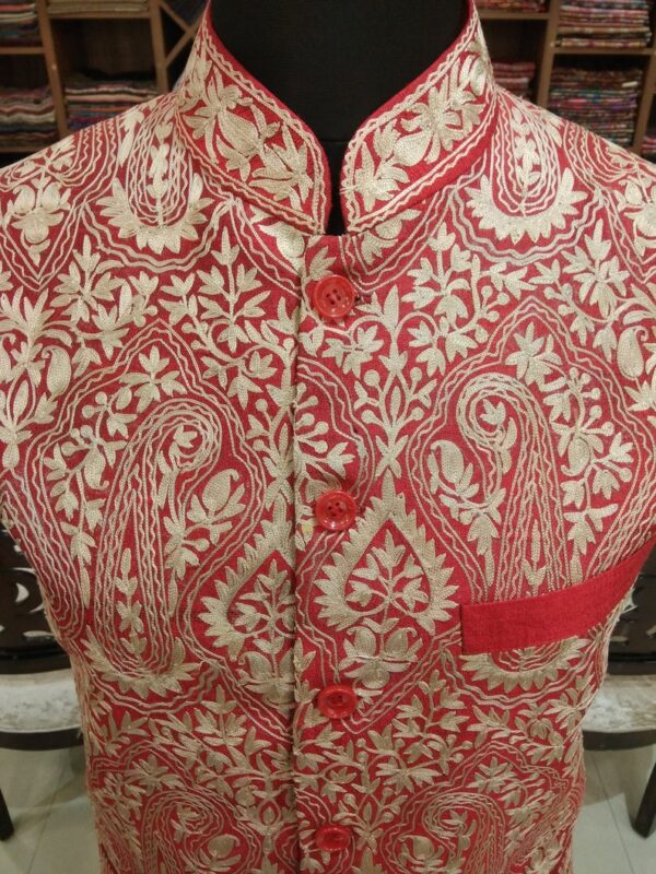 Red Nehru Jacket with Jamawar Paisley Embroidery close up