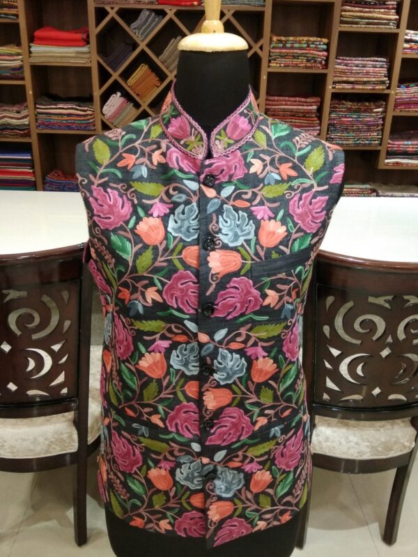 Ash Grey Chinar Embroidered Nehru Jacket