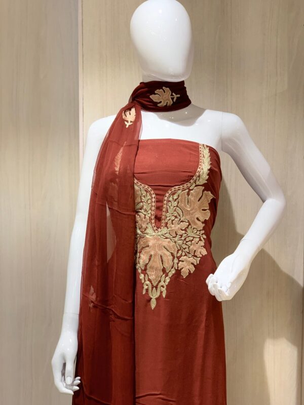 Aari Tilla Neck Work Monga Cotton Salwar Suit Maroon Close up