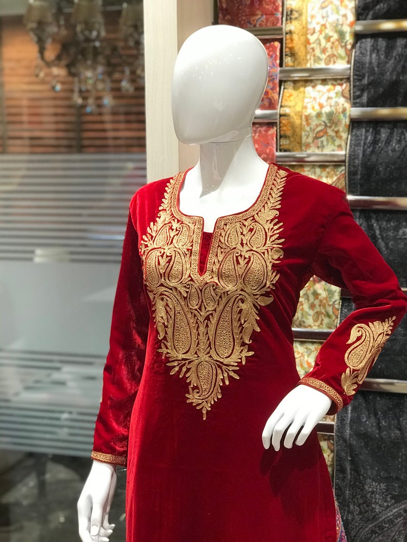 Kashmiri Red Velvet Kurta with Gold Tilla Paisley Embroidery close up
