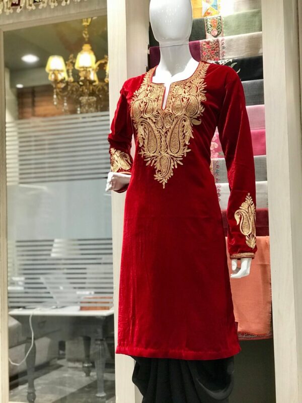 Kashmiri Red Velvet Kurta with Gold Tilla Paisley Embroidery