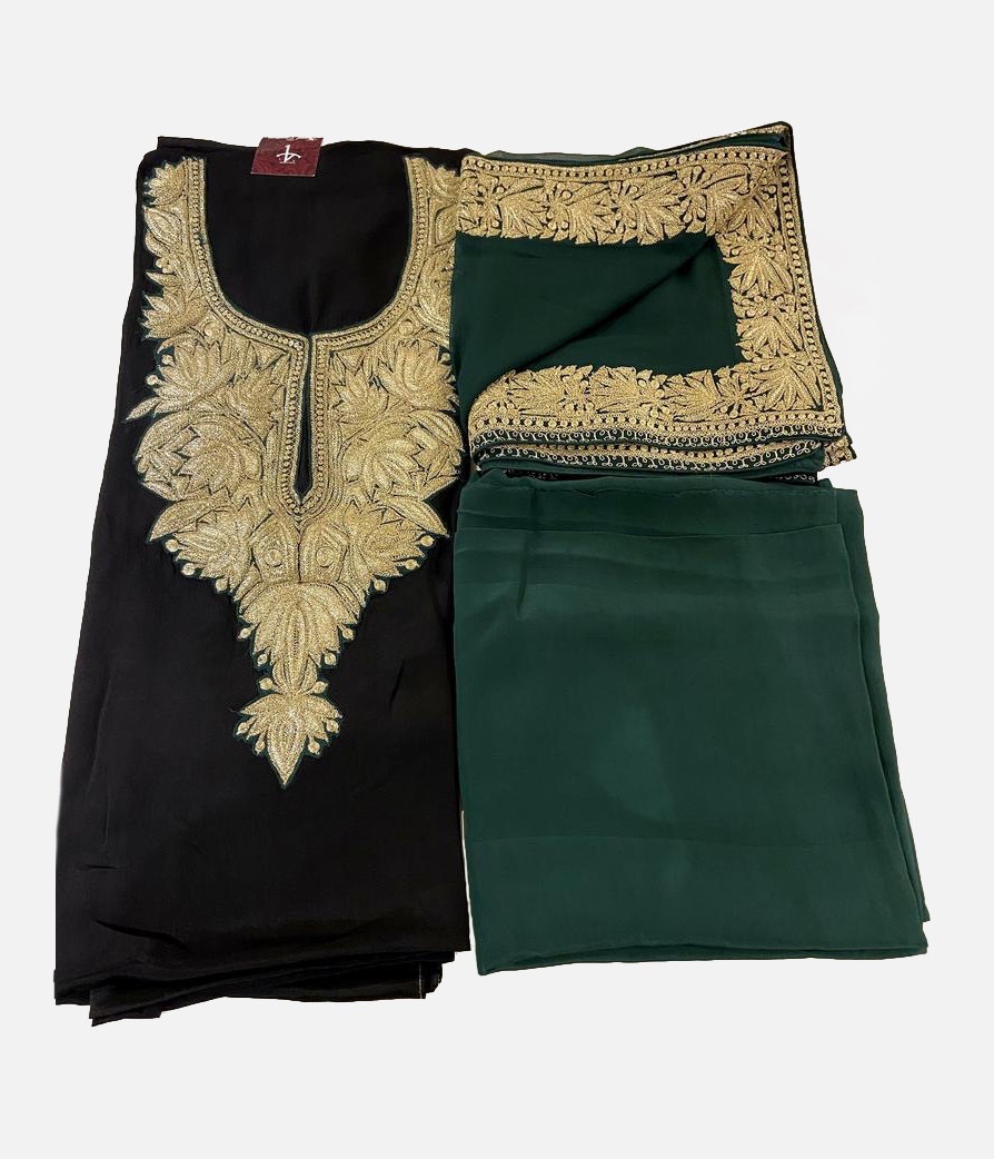 Tilla Border and Neck Salwar Suit: Black Green flat view