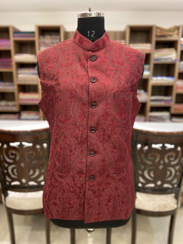 Maroon Nehru Jacket with Jamawar Embroidery