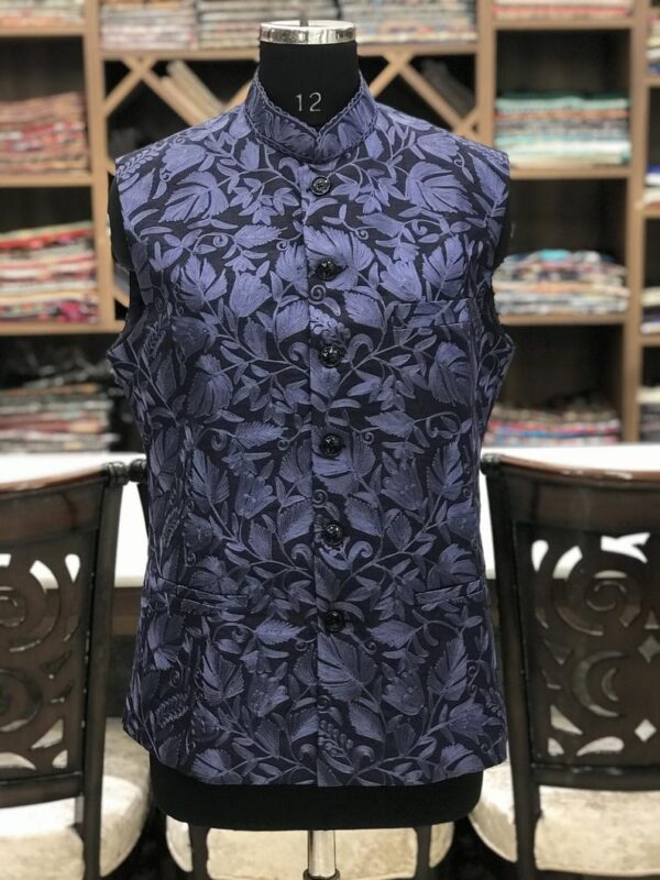 Black Mens Nehru Jacket with Steel Blue Floral Embroidery Work