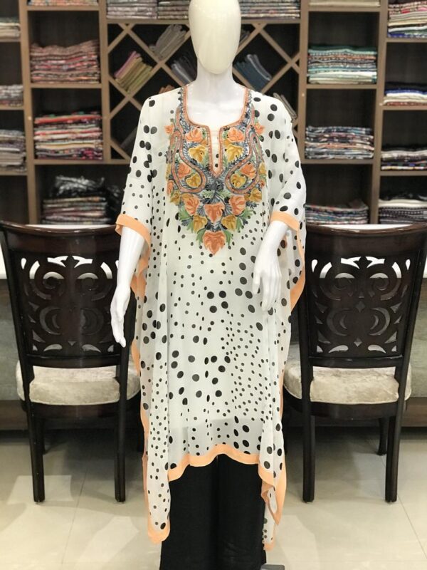 Printed Dots Georgette Kaftan with Kashmiri Aari Embroidery