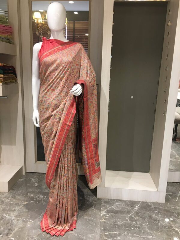 Beige Modal Silk Floral Paisley Jaal Kani Weave Saree