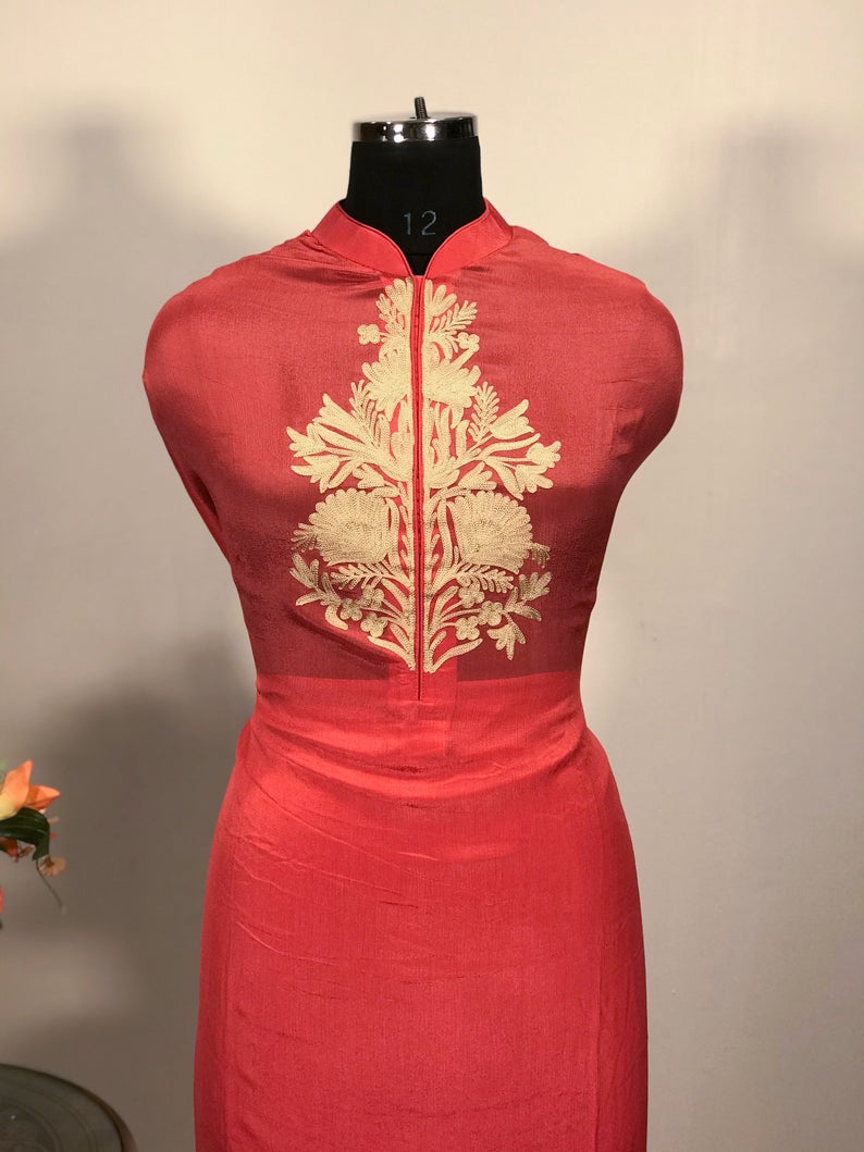Red Beige Aari Boteh Work Suit: Half Half Dupatta Design close up