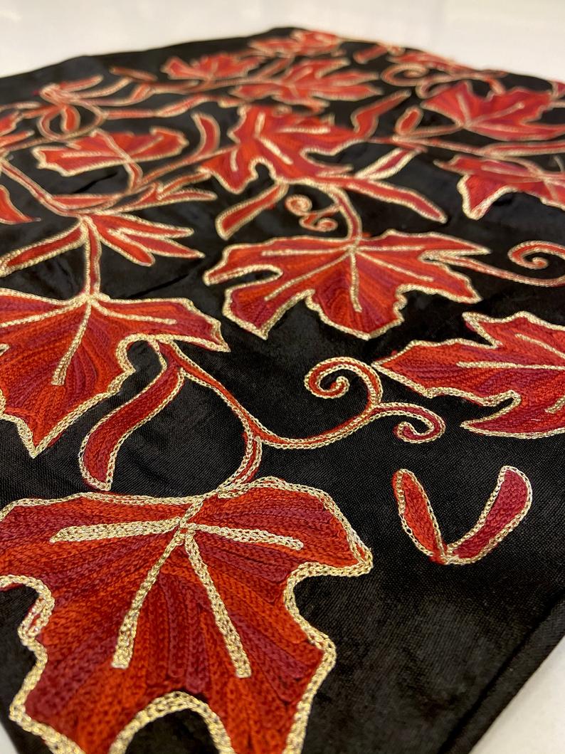 Aari Embroidery Outlined with Zari Decorative Silk Cushion Cover: Black Slant View