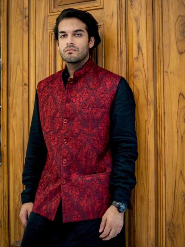 Black Mens Nehru Jacket with Red Jama Paisley Embroidery Work
