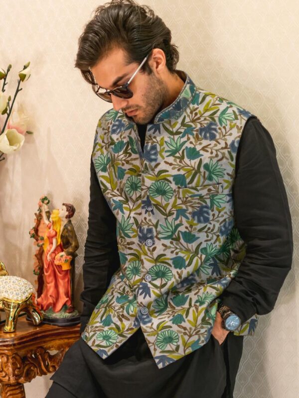 Grey Floral Embroidered Nehru Jacket image 2