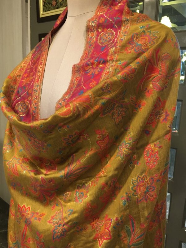 Silk Modal Mustard Yellow Floral Kani Dupatta side view