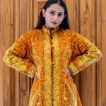 Orange and Yellow Paisley Jamawar Embroidered Women Coat