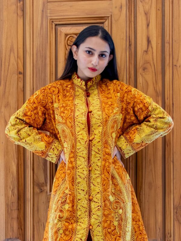 Orange and Yellow Paisley Jamawar Embroidered Women Coat