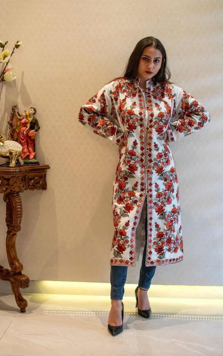 White Kashmiri Long Coat with Floral Pattern Embroidery | Angad Creations