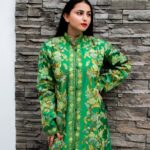 Green Kashmiri Long Coat with Floral Pattern Embroidery
