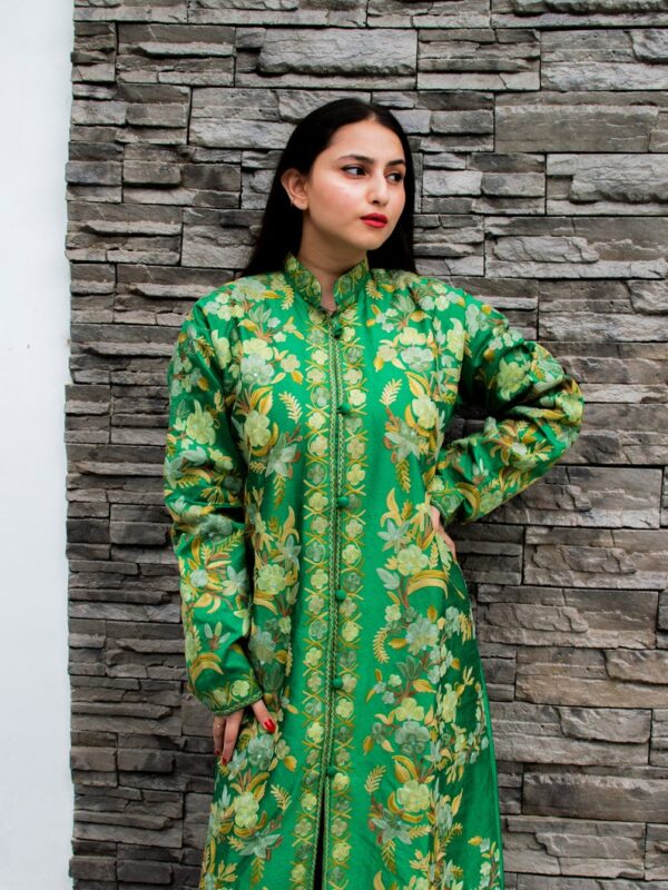 Green Kashmiri Long Coat with Floral Pattern Embroidery