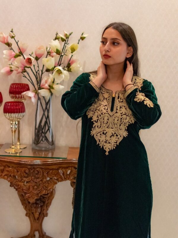 Kashmiri Green Velvet Tunic with Gold Tilla Chinar Embroidery
