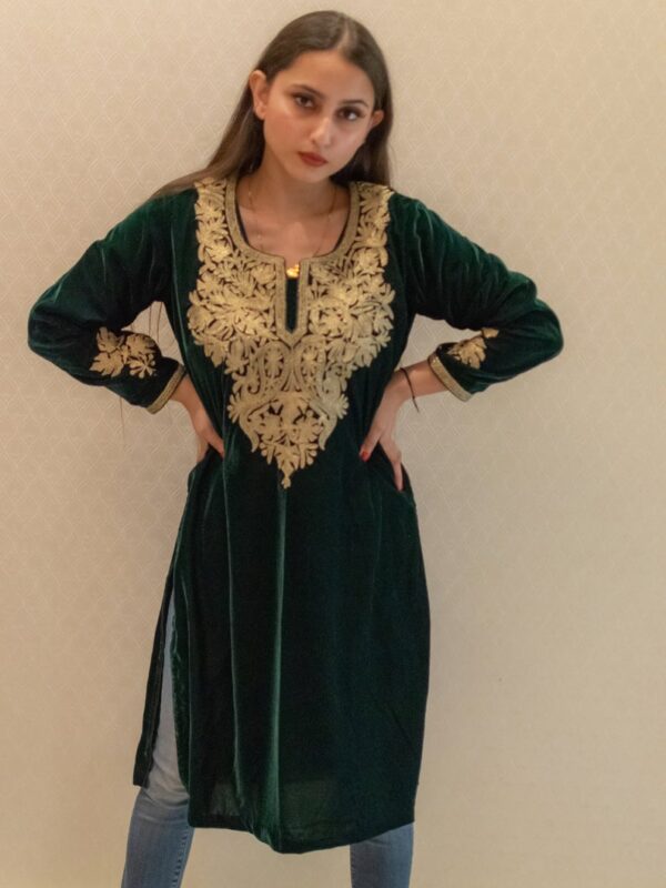 Kashmiri Green Velvet Tunic with Gold Tilla Chinar Embroidery image 2