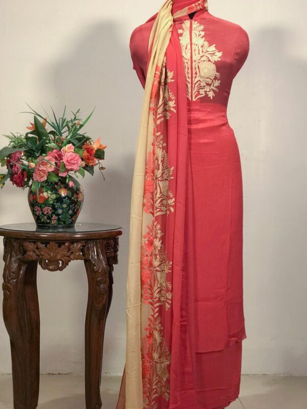 Red Beige Aari Boteh Work Suit: Half Half Dupatta Design