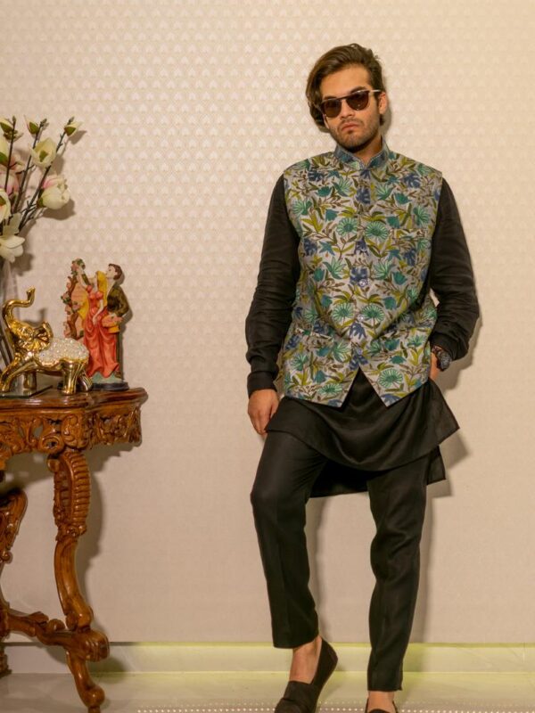 Grey Floral Embroidered Nehru Jacket