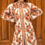 White Kashmiri Long Coat with Floral Pattern Embroidery