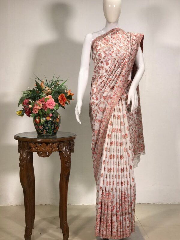 White Silk Modal Floral Jaal Kani Weave Sari full view