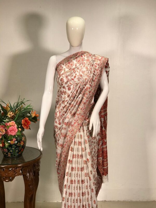 White Silk Modal Floral Jaal Kani Weave Sari close up