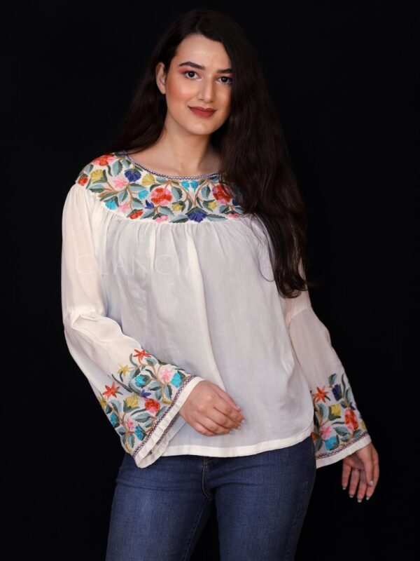 White Bell Sleeves Tunic Top with Silk Thread Embroidery Front
