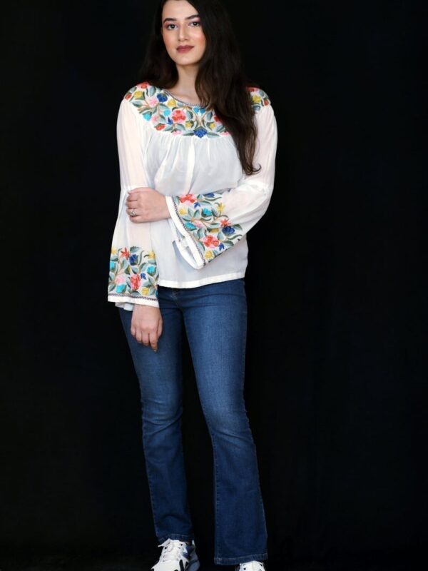 White Bell Sleeves Tunic Top with Silk Thread Embroidery