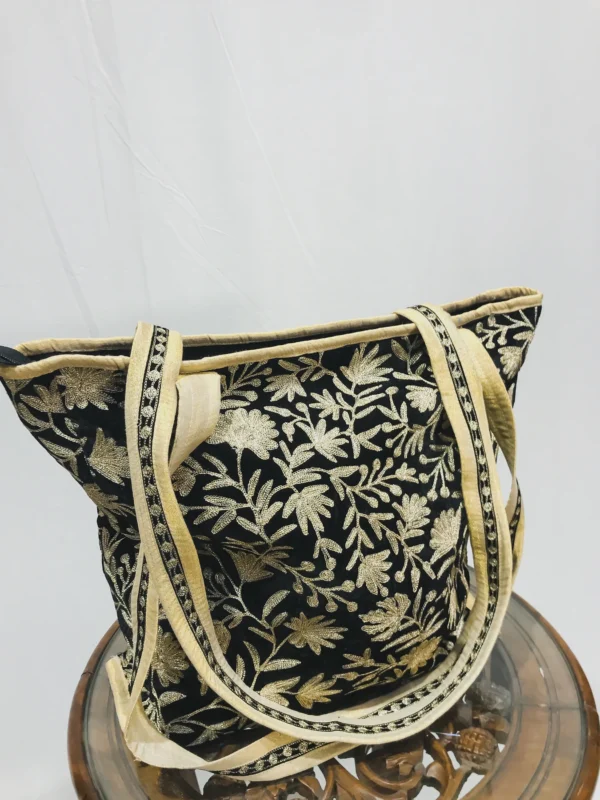 Black Velvet Zari Embroidered Tote Bag close up