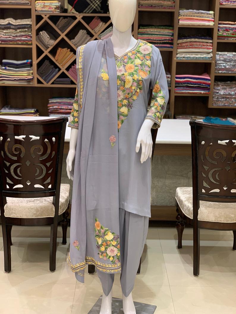 Blue Kashmiri Woollen Suit With Tilla Embroidery jaal design (3 pcs). Kashmiri  Suit online – KashmKari