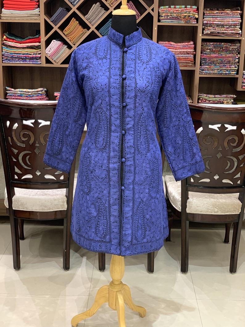 Royal Blue Paisley Jamawar Embroidered Women Coat