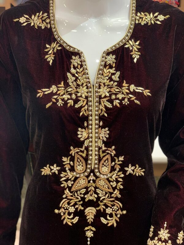 Wine Velvet Suit with Fusion Hand Embroidery 2