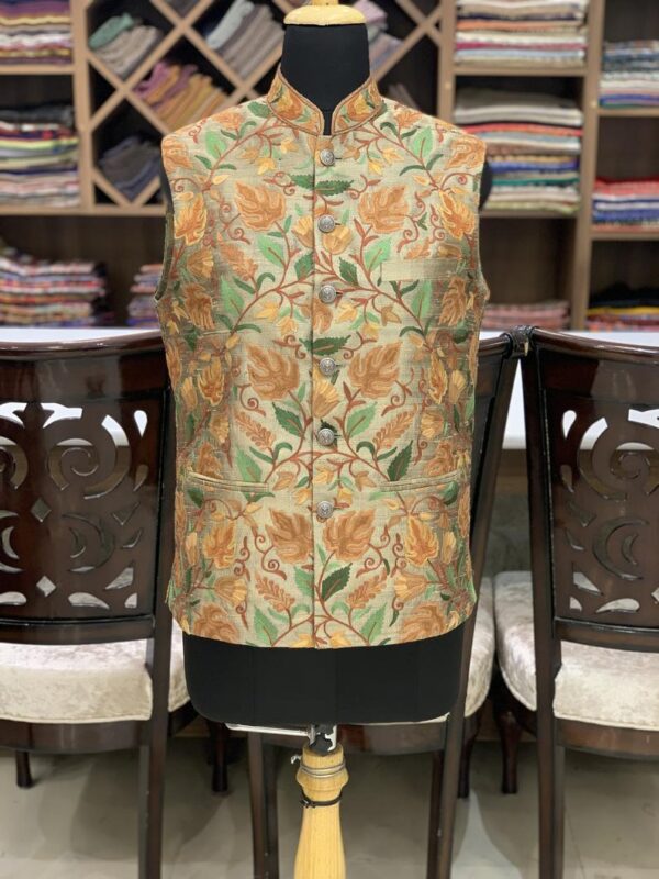 Taupe Modi Jacket with Chinar Embroidery close up