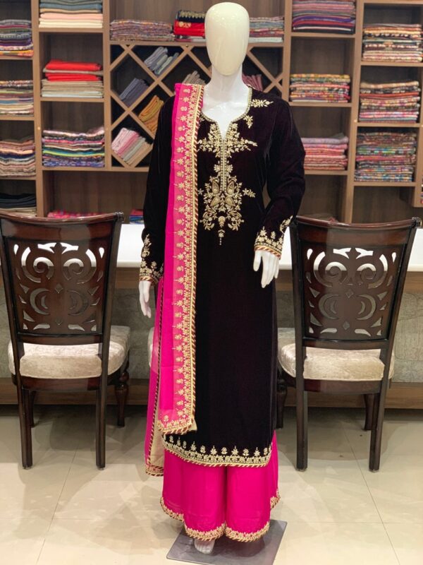 Wine Velvet Suit with Fusion Hand Embroidery