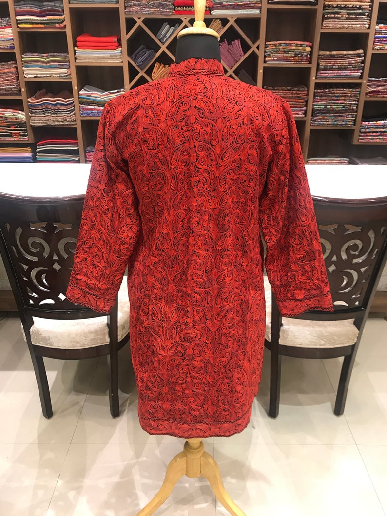 Red Paisley Jamawar Embroidered Women Coat