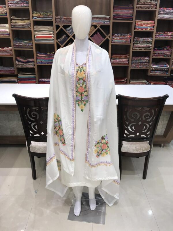 White Kashmiri Salwar Suit with Aari Work Neck