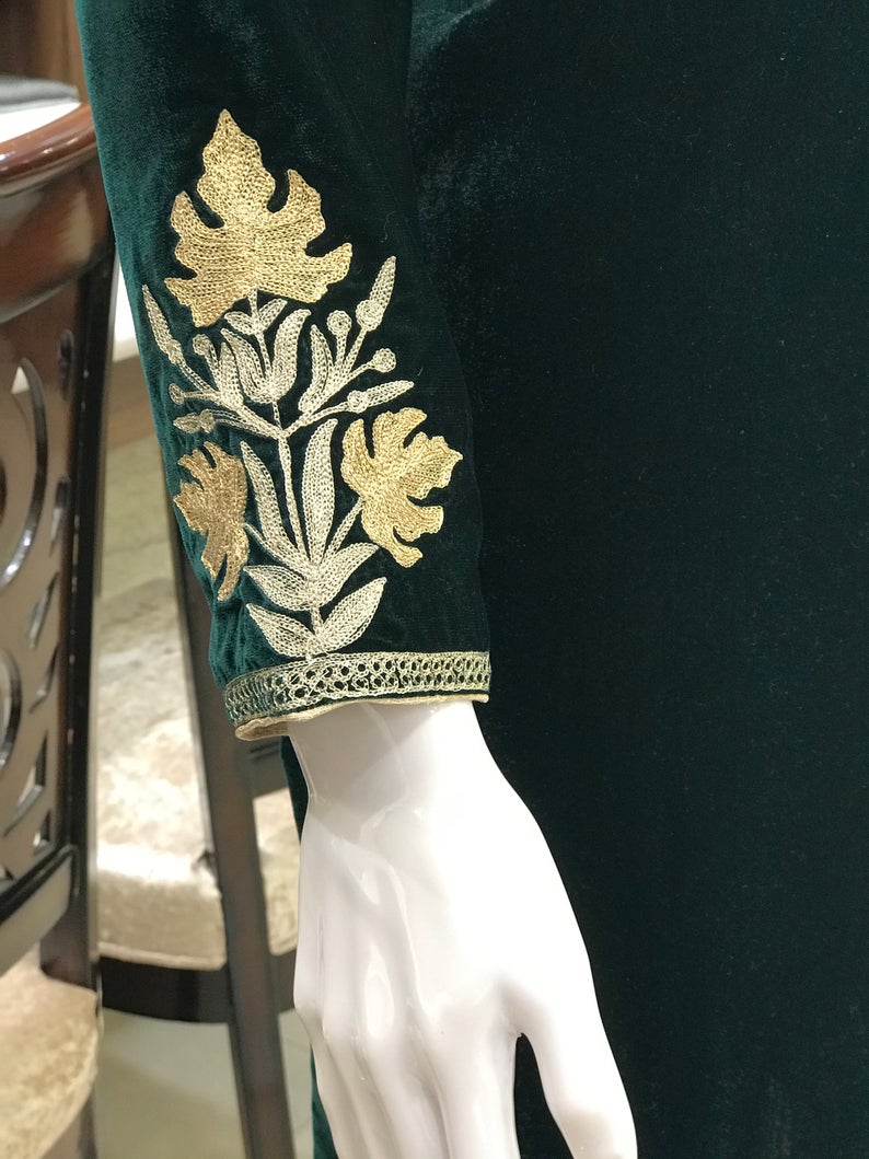 Bottle Green Velvet Kurta with Zari Embroidery | Angad Creations