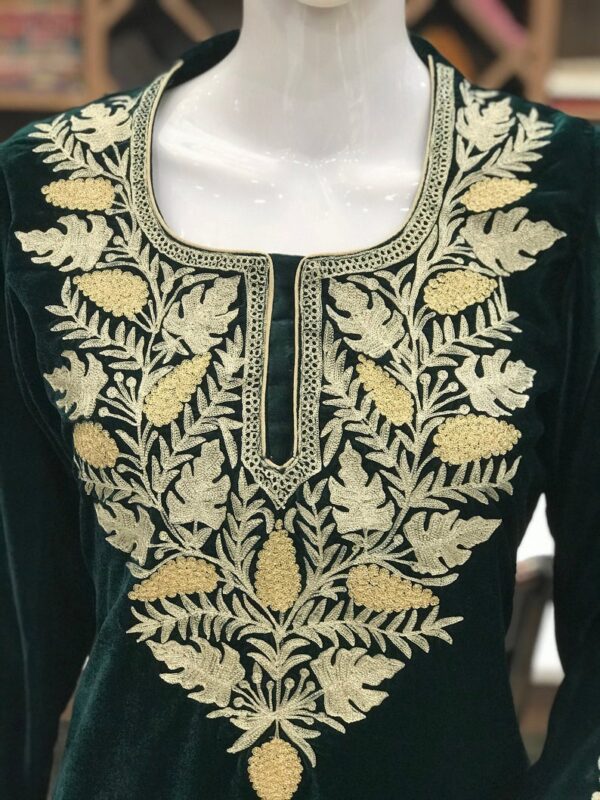 Bottle Green Velvet Kurta with Zari Embroidery 2