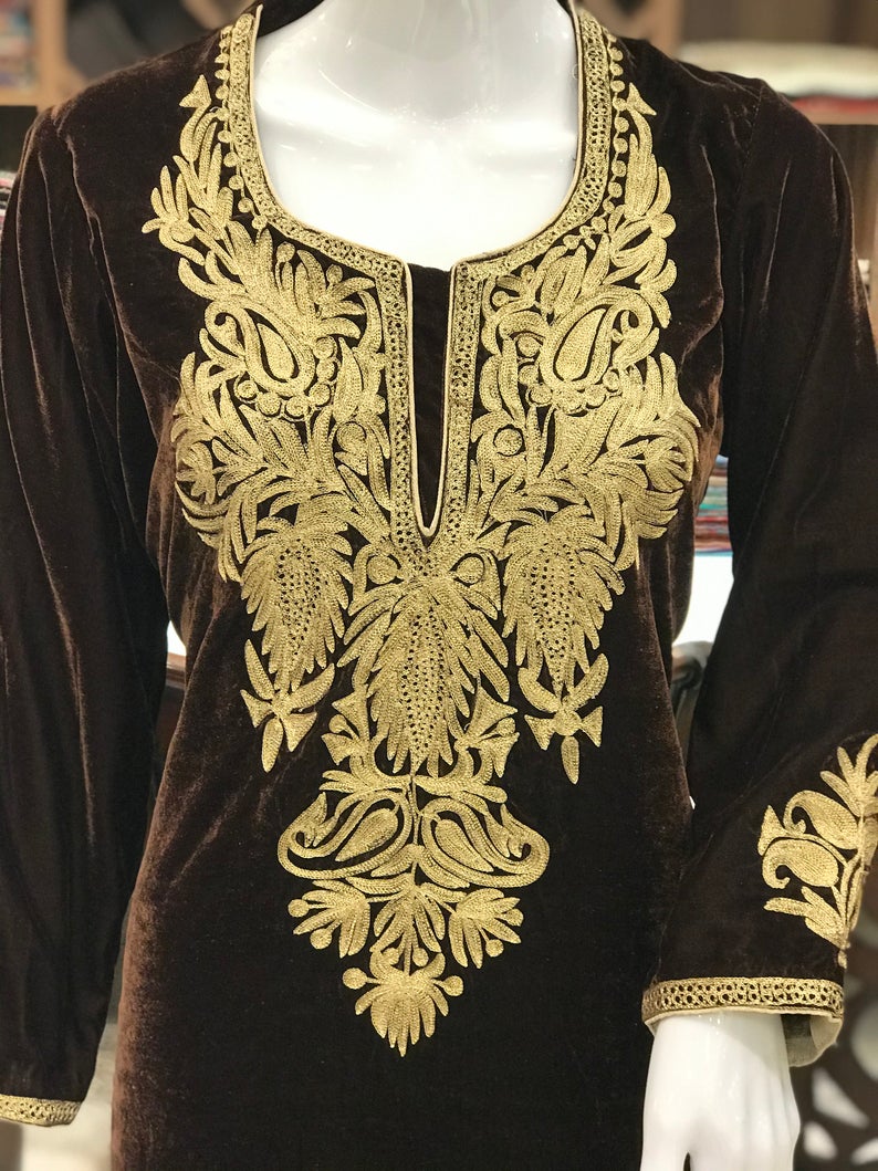 Kashmiri Brown Velvet Kurta with Tilla Embroidery 2
