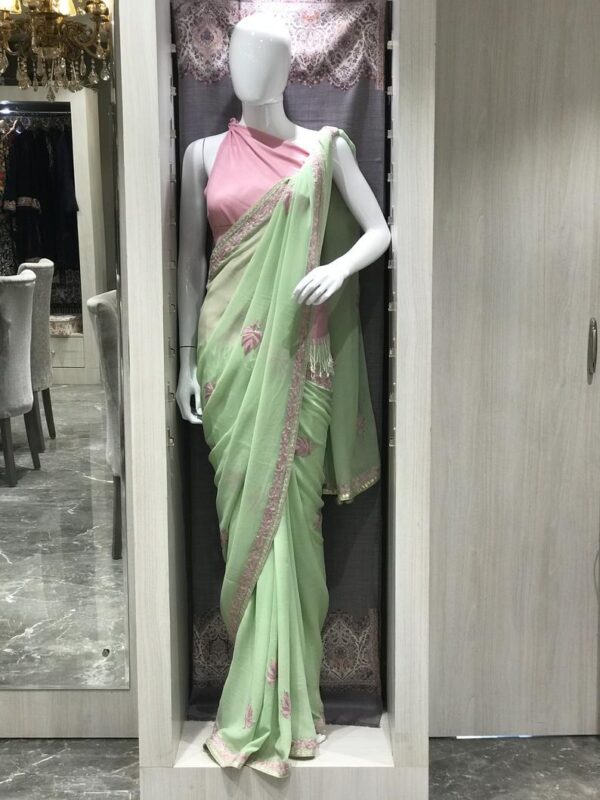 Green Georgette Saree with Chinar Botehs Embroidery