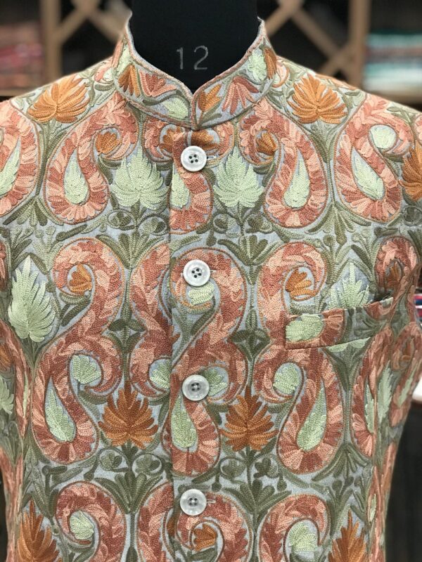 Grey Paisley Jaal Embroidered Nehru Jacket close up