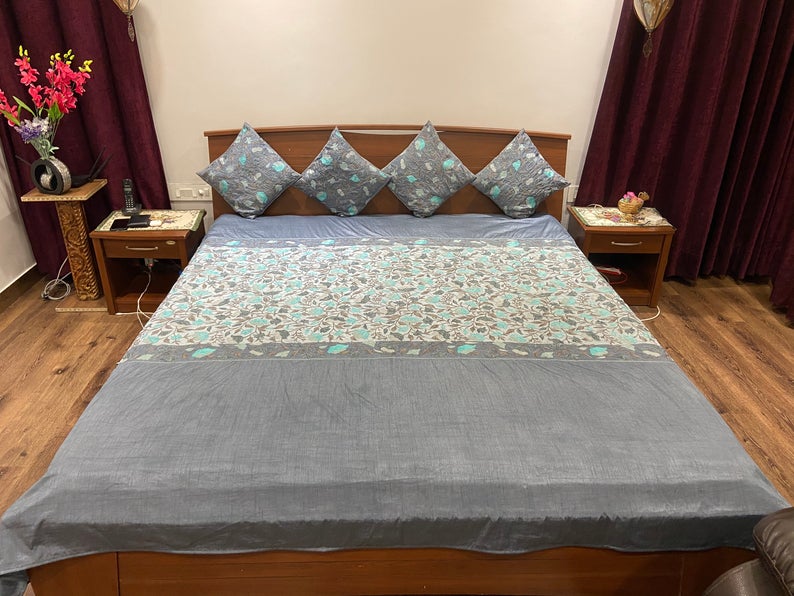 Dual Grey Tone Raw Silk Bed Cover with Floral Aari Embroidery bed view