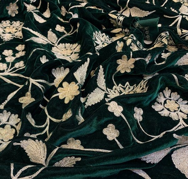 Green Velvet Running Fabric with Floral Zari Embroidery wide