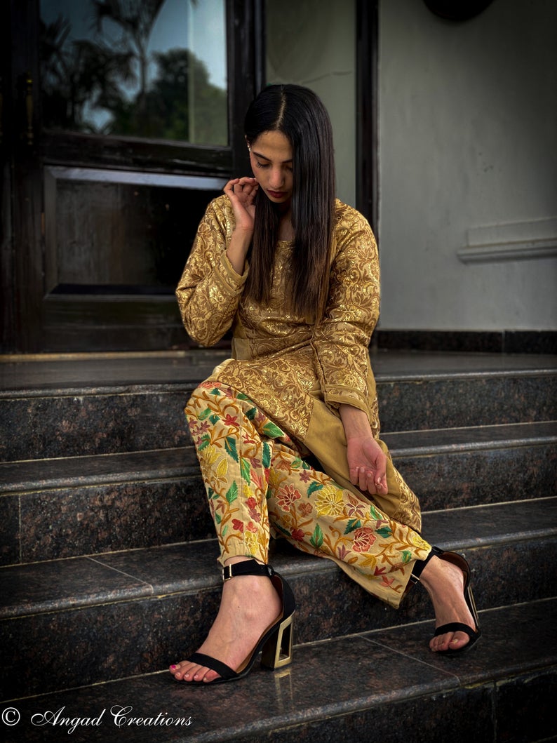 Beige Women Trouser with All Over Floral Embroidery
