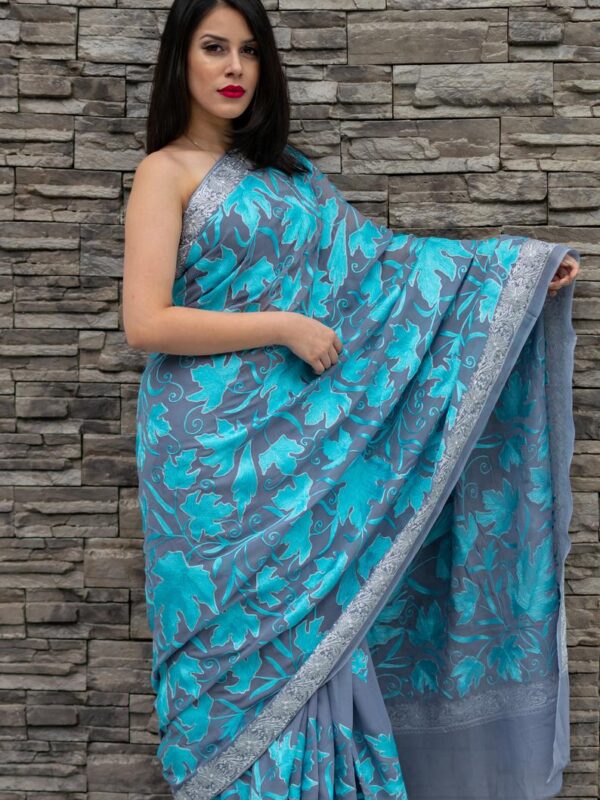Turquoise Chinar Jaal Embroidered Kashmiri Saree 2