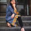 Denim Tunic Top Featuring Thread Embroidery with Scalping