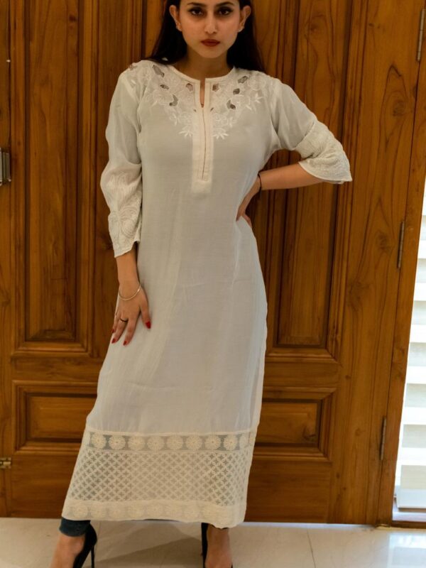 White Kurta with Cut-Work and Thread Embroidery